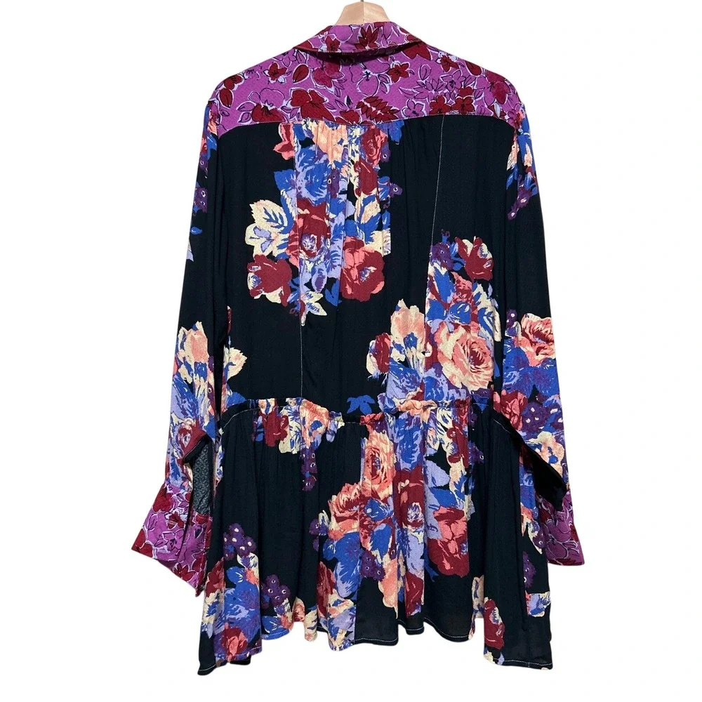 Free People Size XS Shirt Dress Oversized Floral Button Tunic Black‎ Purple Boho